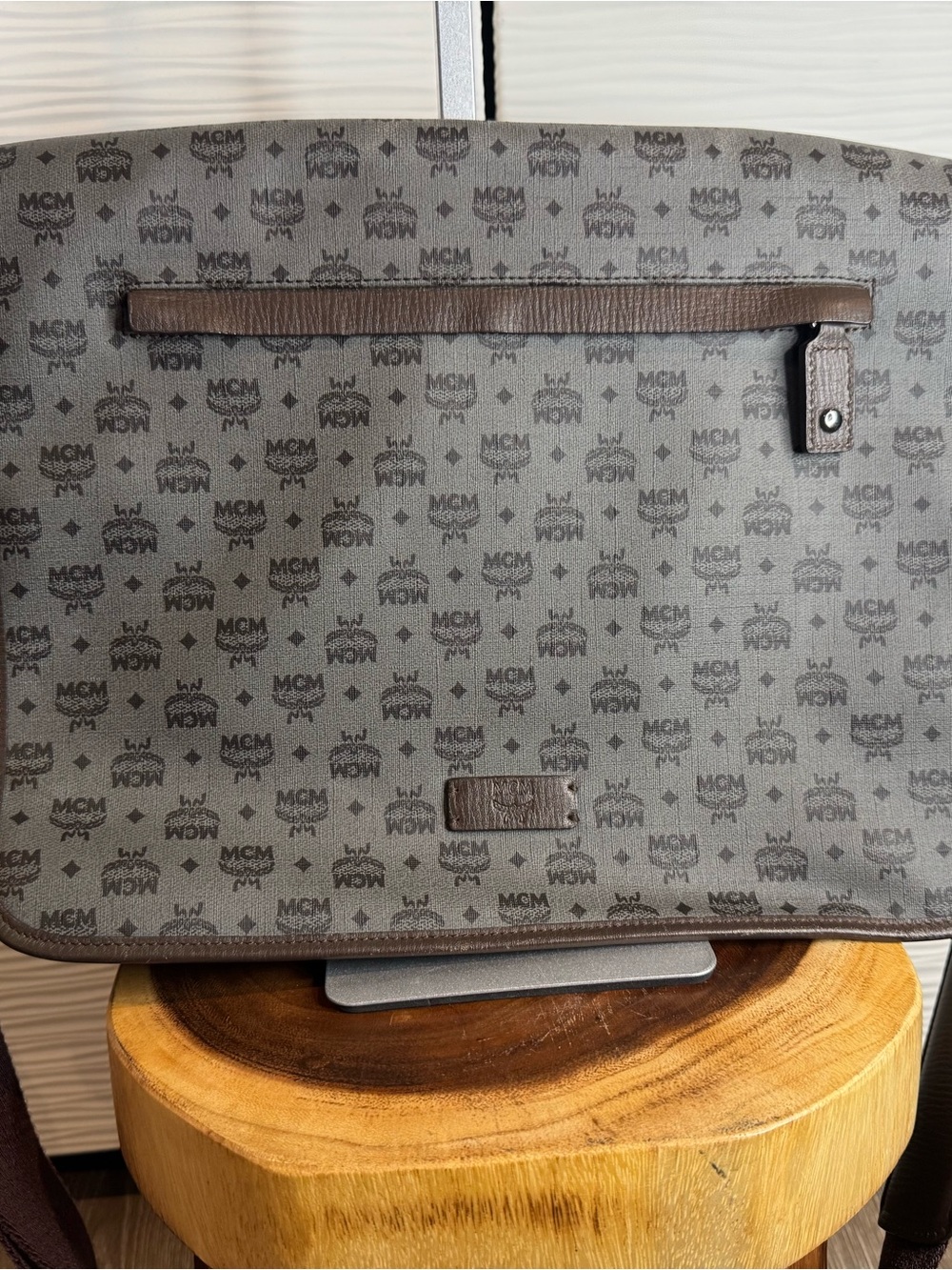 MCM Gray Monogram Laptop Messenger Bag